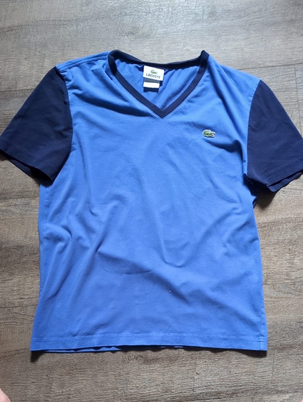 Womens Lacoste Two-Tone V-Neck Tee in Blue and Navy